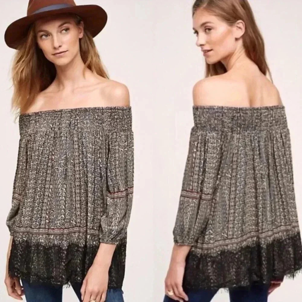 Anthropologie Vanessa Virginia Augusta Blouse Brown Motif XS